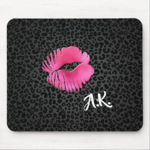 Hot Pink Lipgloss Kiss Black Leopard With Monogram Mouse Mat