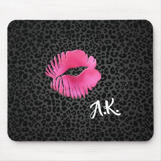 Hot Pink Lipgloss Kiss Black Leopard With Monogram Mouse Mat (Front)