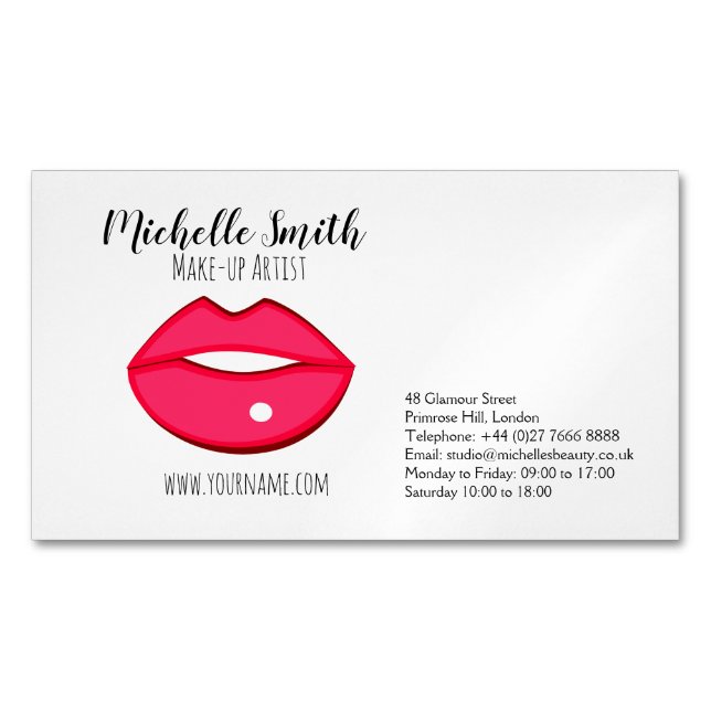 Hot Pink lips design Make-up artist Magnetic Business Card (Front)