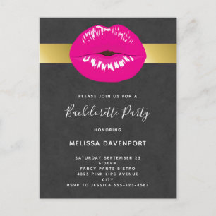 Hot Pink Lips Glamourous Bachelorette Invitation Postcard