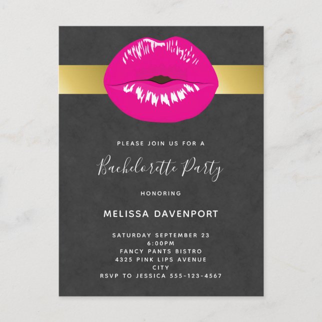 Hot Pink Lips Glamourous Bachelorette Invitation Postcard (Front)