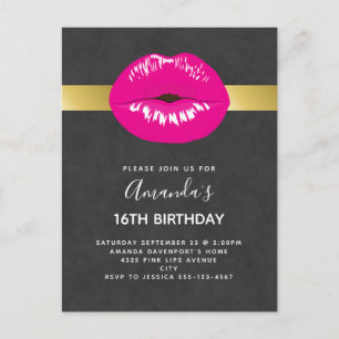 Hot Pink Lips Glamourous Birthday Invitation