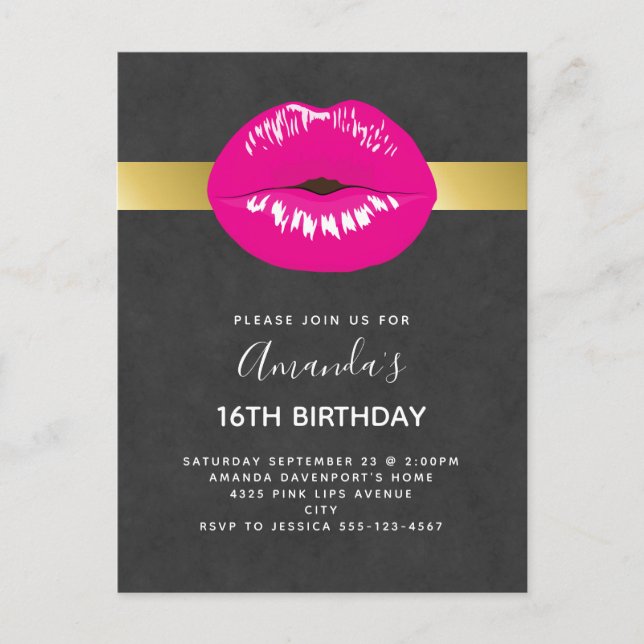Hot Pink Lips Glamourous Birthday Invitation (Front)
