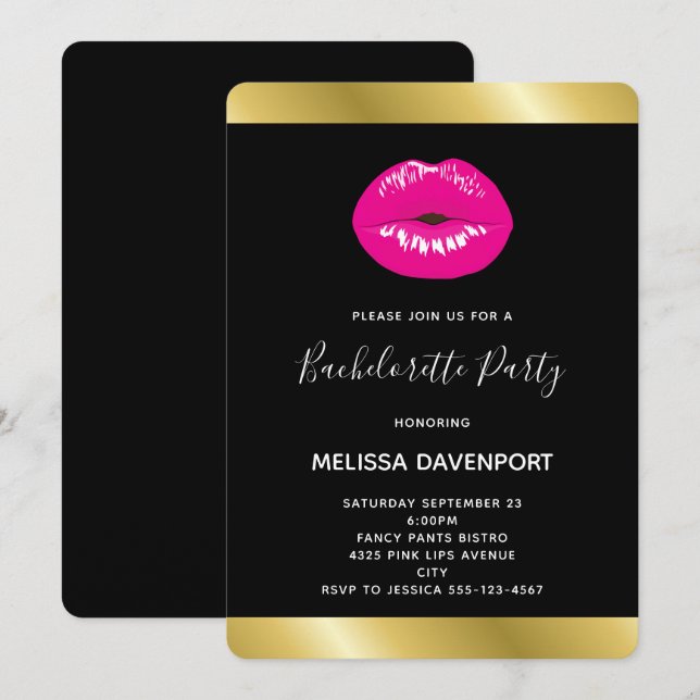 Hot Pink Lips Glamourous Illustration Bachelorette Invitation (Front/Back)