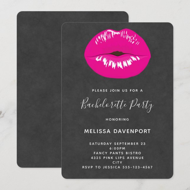 Hot Pink Lips Glamourous Illustration Bachelorette Invitation (Front/Back)