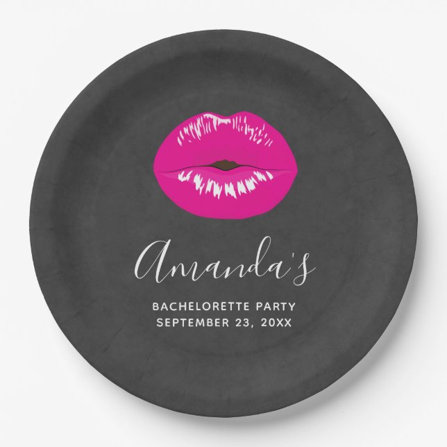 Hot Pink Lips Glamourous Illustration Bachelorette Paper Plate (Front)
