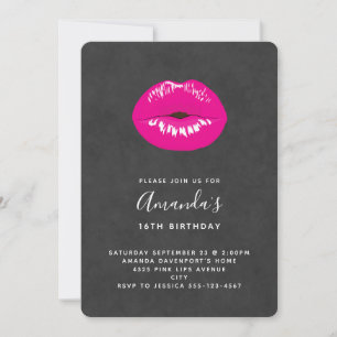 Hot Pink Lips Glamourous Illustration Birthday Invitation