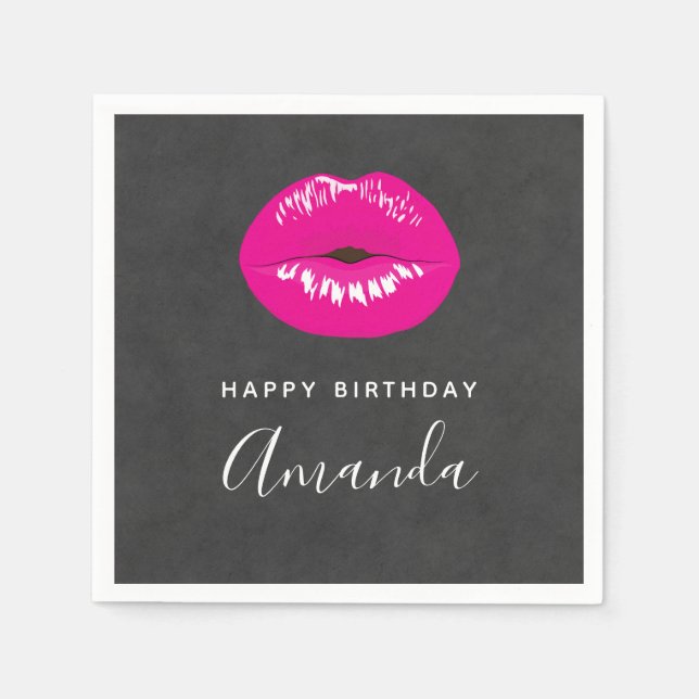 Hot Pink Lips Glamourous Illustration Birthday Napkin (Front)