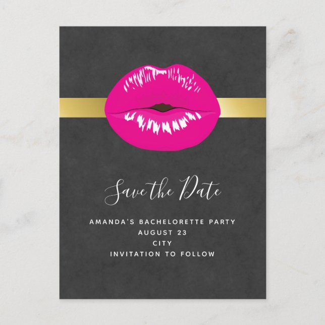 Hot Pink Lips Glamourous Illustration Save the Dat Invitation Postcard (Front)