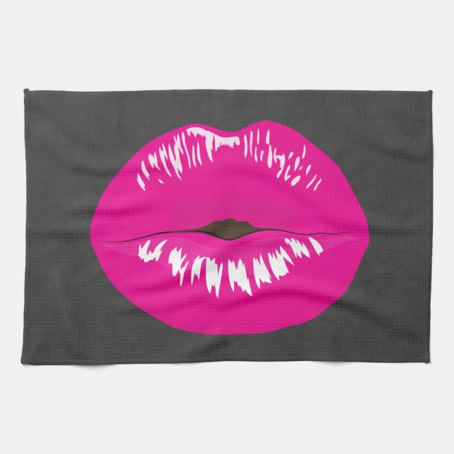 Hot Pink Lips Glamourous Illustration Tea Towel (Horizontal)