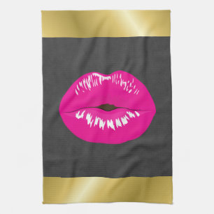 Hot Pink Lips Glamourous Illustration Tea Towel