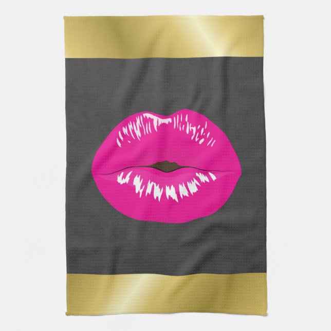 Hot Pink Lips Glamourous Illustration Tea Towel (Vertical)