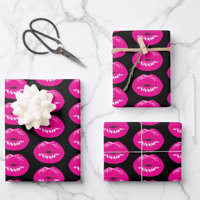 Hot Pink Lips Glamourous Illustration Wrapping Paper Sheet (Front)