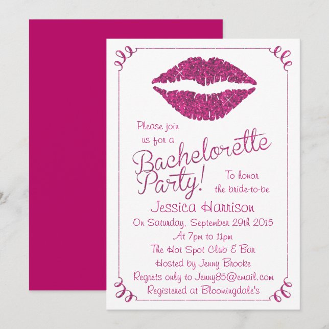 Hot Pink Lips Glitter Effect Bachelorette Party Invitation (Front/Back)