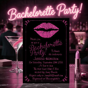 Hot Pink Lips Glitter Effect Bachelorette Party Invitation