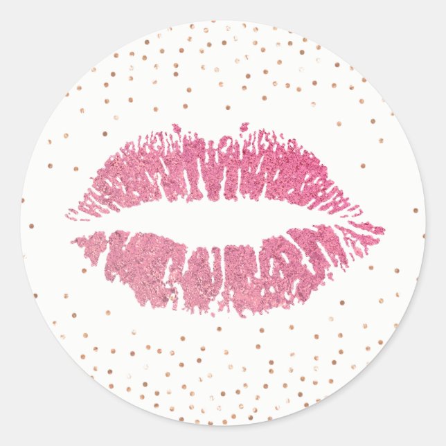 Hot Pink Lips Modern Rose Gold Confetti Classic Round Sticker (Front)