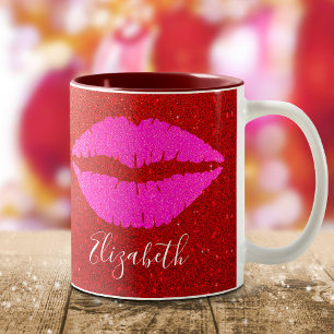 Hot Pink Lips Red Glitter Custom Name Bold Modern Two-Tone Coffee Mug