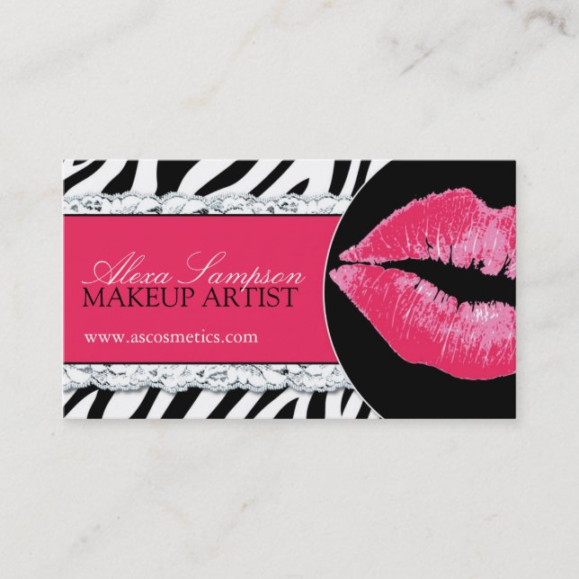 Hot  Pink Lips + Zebra Print Business Cards (Front)