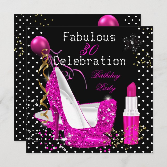 Hot Pink Lipstick Glitter Heels Polka Dot Birthday Invitation (Front/Back)