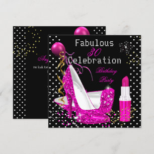 Hot Pink Lipstick Glitter Heels Polka Dot Birthday Invitation