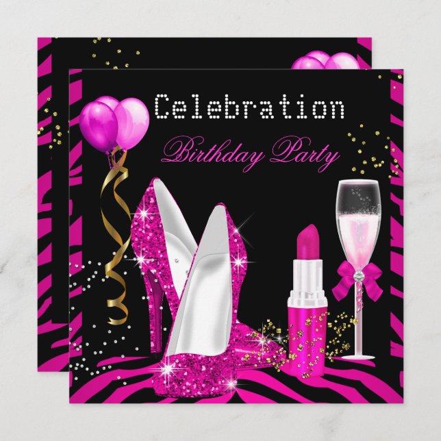 Hot Pink Lipstick Glitter Zebra Birthday Party Invitation (Front/Back)