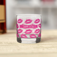 Hot Pink Lipstick Kiss Pattern Whiskey Glass