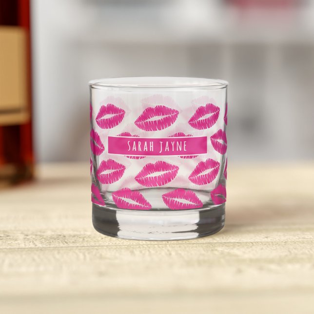 Hot Pink Lipstick Kiss Pattern Whiskey Glass (Cute hot pink kisses cover this whiskey glass. Just add your name)