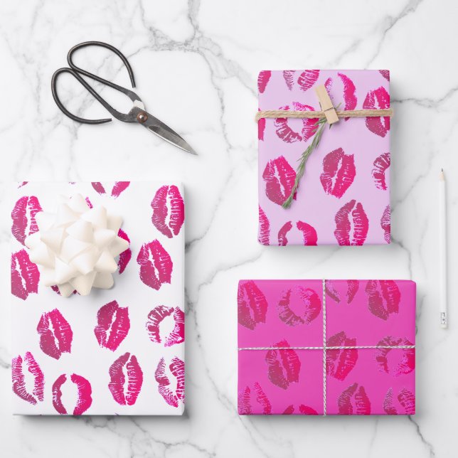 Hot Pink Lipstick Kisses Valentine's Day Wrapping Paper Sheet (Front)