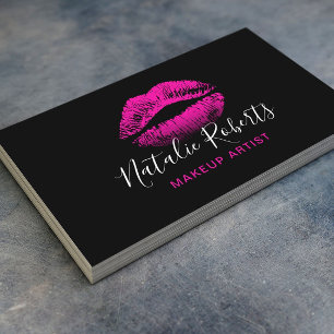 Hot Pink Lipstick Makeup Artist Black Beauty Salon Business Card