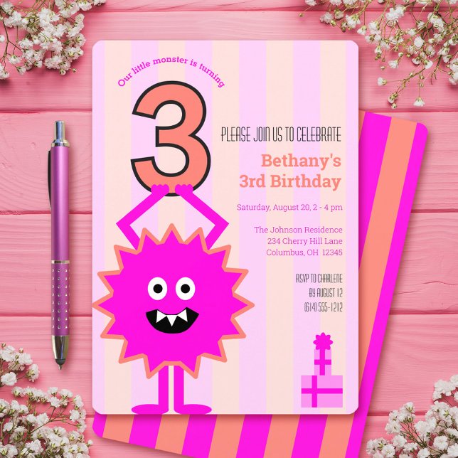 Hot Pink Little Monster 3rd Girl Birthday Stripes Invitation (Creator Uploaded)
