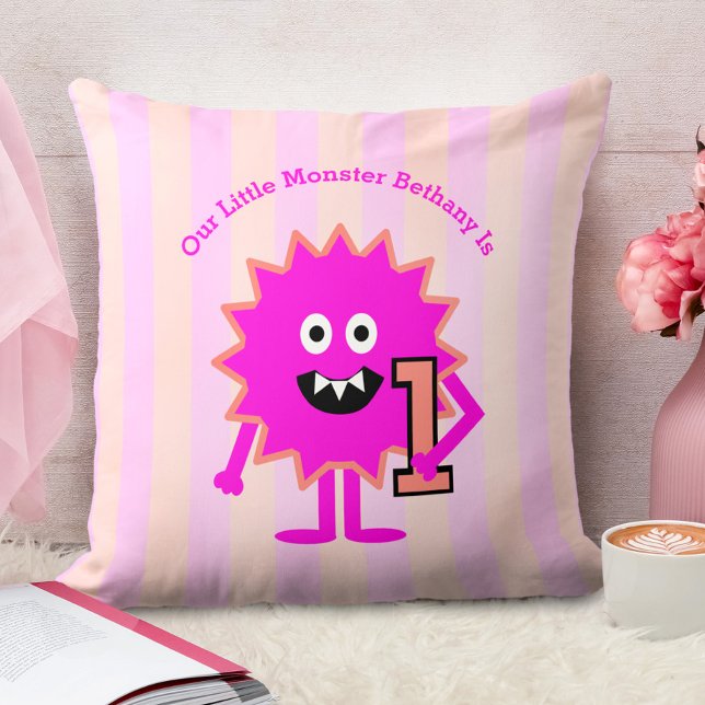 Hot Pink Little Monster Girl 1st Birthday Stripes Cushion (Creator Uploaded)