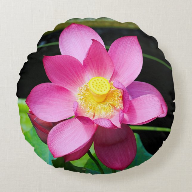 Hot Pink Lotus Flower Round Cushion (Front)