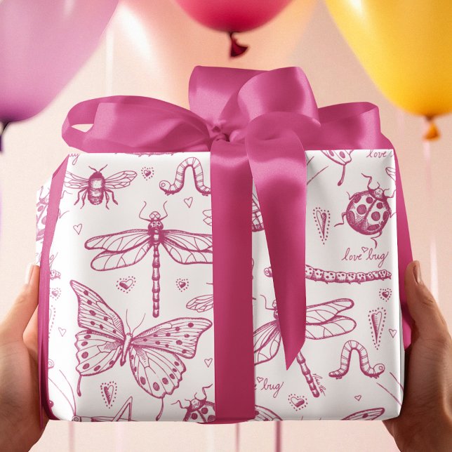 Hot Pink Love Bug Insect Illustration Pattern Wrapping Paper Sheet (Creator Uploaded)