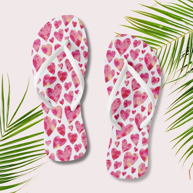 Hot Pink Love Heart pattern Flip Flops (Perfect for honeymoons, wedding or just a girly weekend, watercolor heart flip flops.)