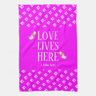 Hot Pink   LOVE LIVES HERE   Stylish Customisable Tea Towel