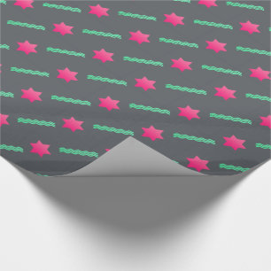 Hot Pink Magen David, Mint Streamers on Dark Grey Wrapping Paper