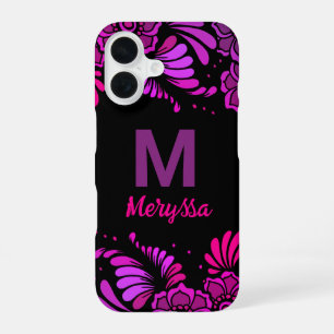 Hot Pink Magenta Black Purple Monogram Name iPhone 16 Case