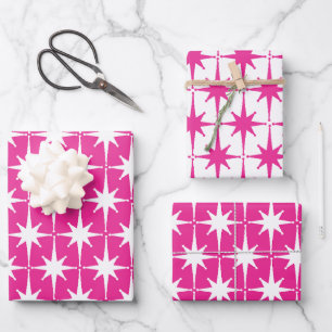 Hot Pink Magenta Bright Retro Starburst Pattern Wrapping Paper Sheet