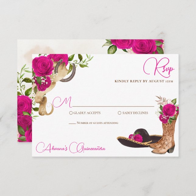 Hot Pink Magenta Charro Western Quinceanera RSVP Card (Front/Back)