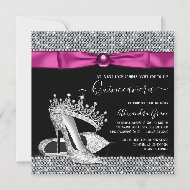 Hot Pink Magenta Diamond Tiara Shoe Quinceanera Invitation (Front)