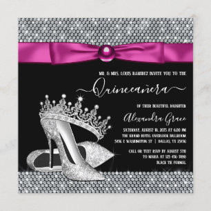 Hot Pink Magenta Diamond Tiara Shoe Quinceanera Invitation