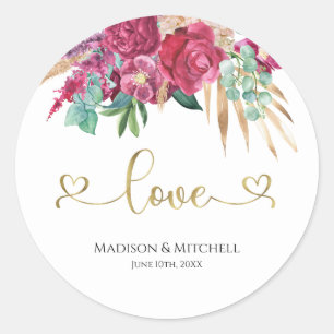 Hot Pink Magenta Floral Elegant Gold Script Hearts Classic Round Sticker