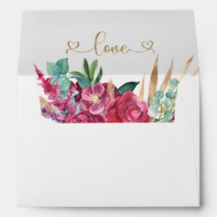 Hot Pink Magenta Floral Elegant Gold Script Hearts Envelope