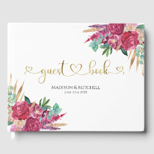 Hot Pink Magenta Floral Elegant Gold Script Hearts Guest Book