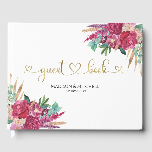 Hot Pink Magenta Floral Elegant Gold Script Hearts Guest Book (Front)