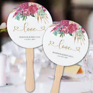 Hot Pink Magenta Floral Elegant Gold Script Hearts Hand Fan
