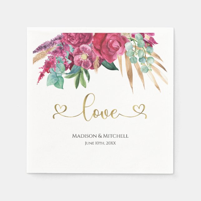 Hot Pink Magenta Floral Elegant Gold Script Hearts Napkin (Front)