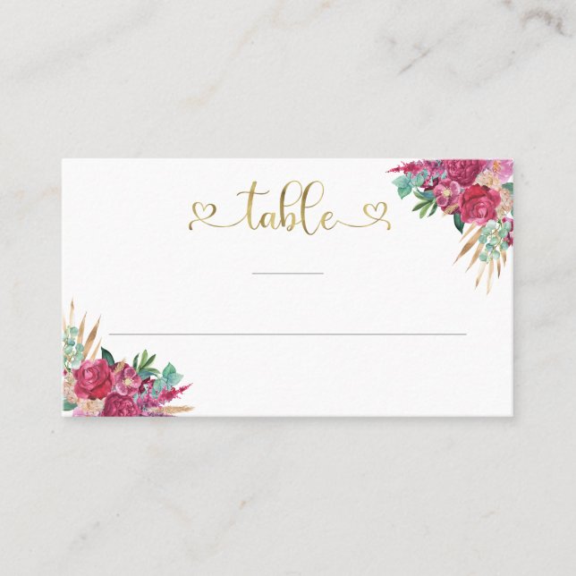 Hot Pink Magenta Floral Elegant Gold Script Hearts Place Card (Front)