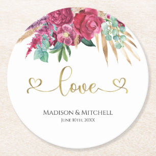 Hot Pink Magenta Floral Elegant Gold Script Hearts Round Paper Coaster