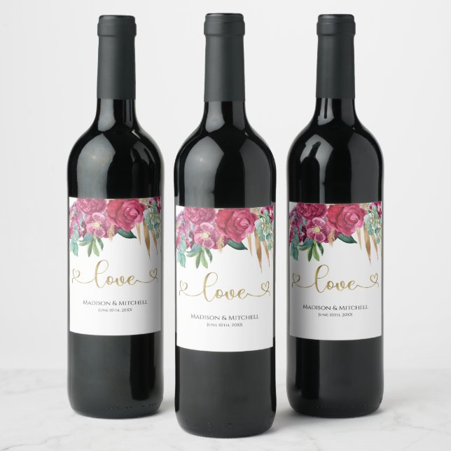 Hot Pink Magenta Floral Elegant Gold Script Hearts Wine Label (Bottles)